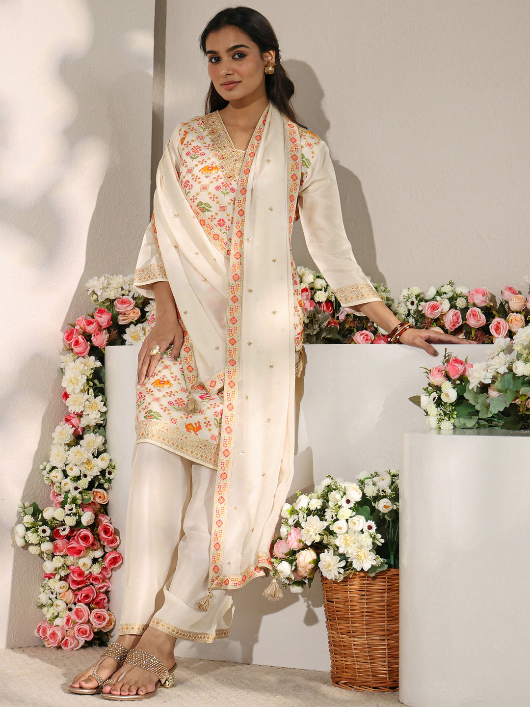  Libas Art Ivory Floral Woven Design Silk Blend Straight Suit Set With Dupatta 