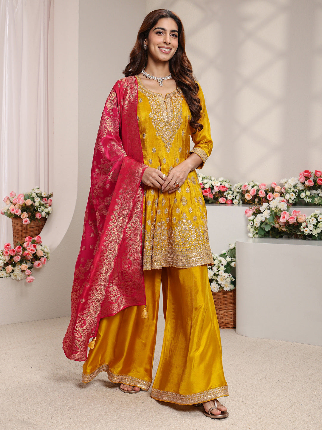  Libas Art Mustard Embroidered Silk Blend A-Line Suit Set With Printed Dupatta 