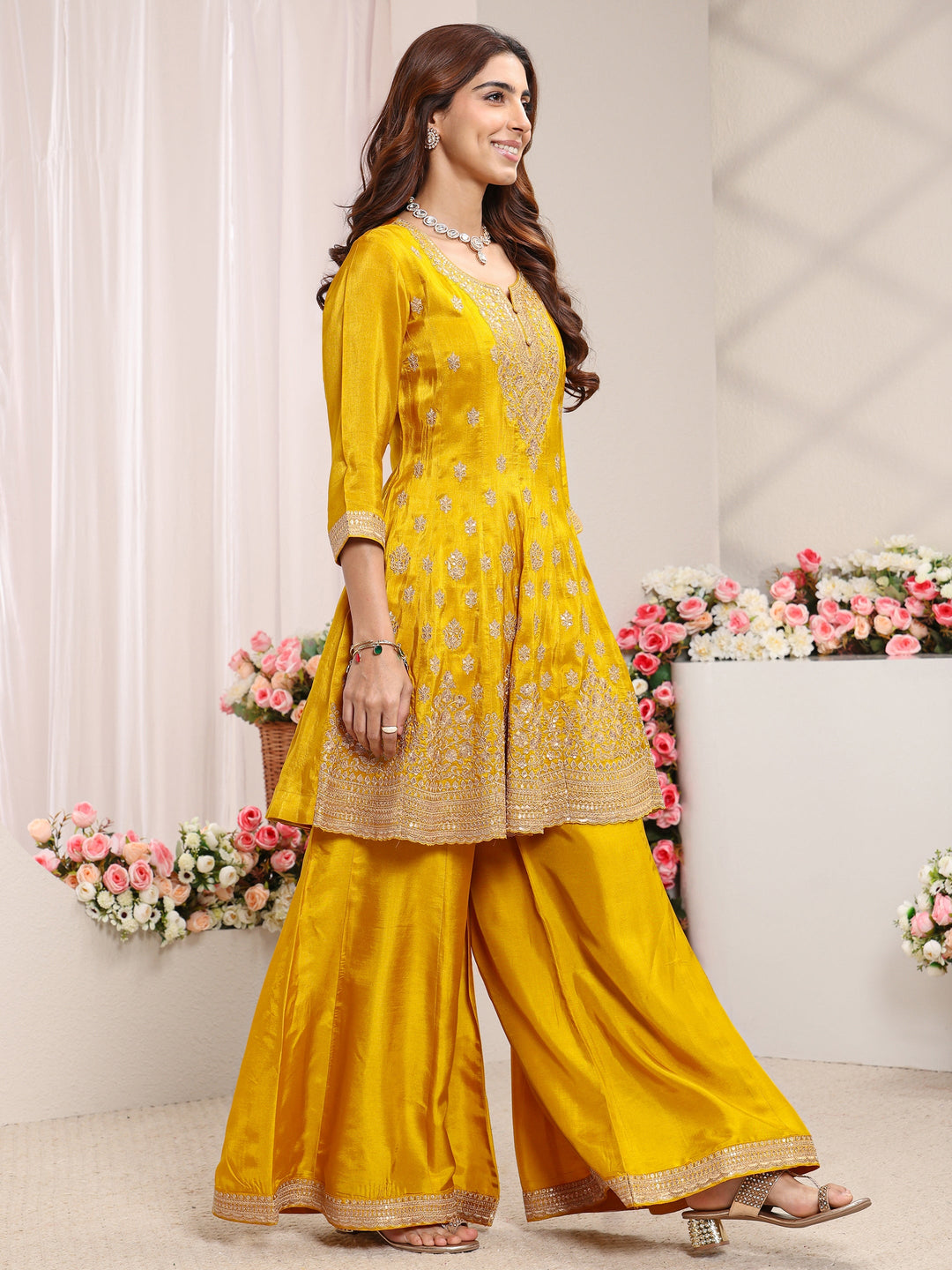  Libas Art Mustard Embroidered Silk Blend A-Line Suit Set With Printed Dupatta 