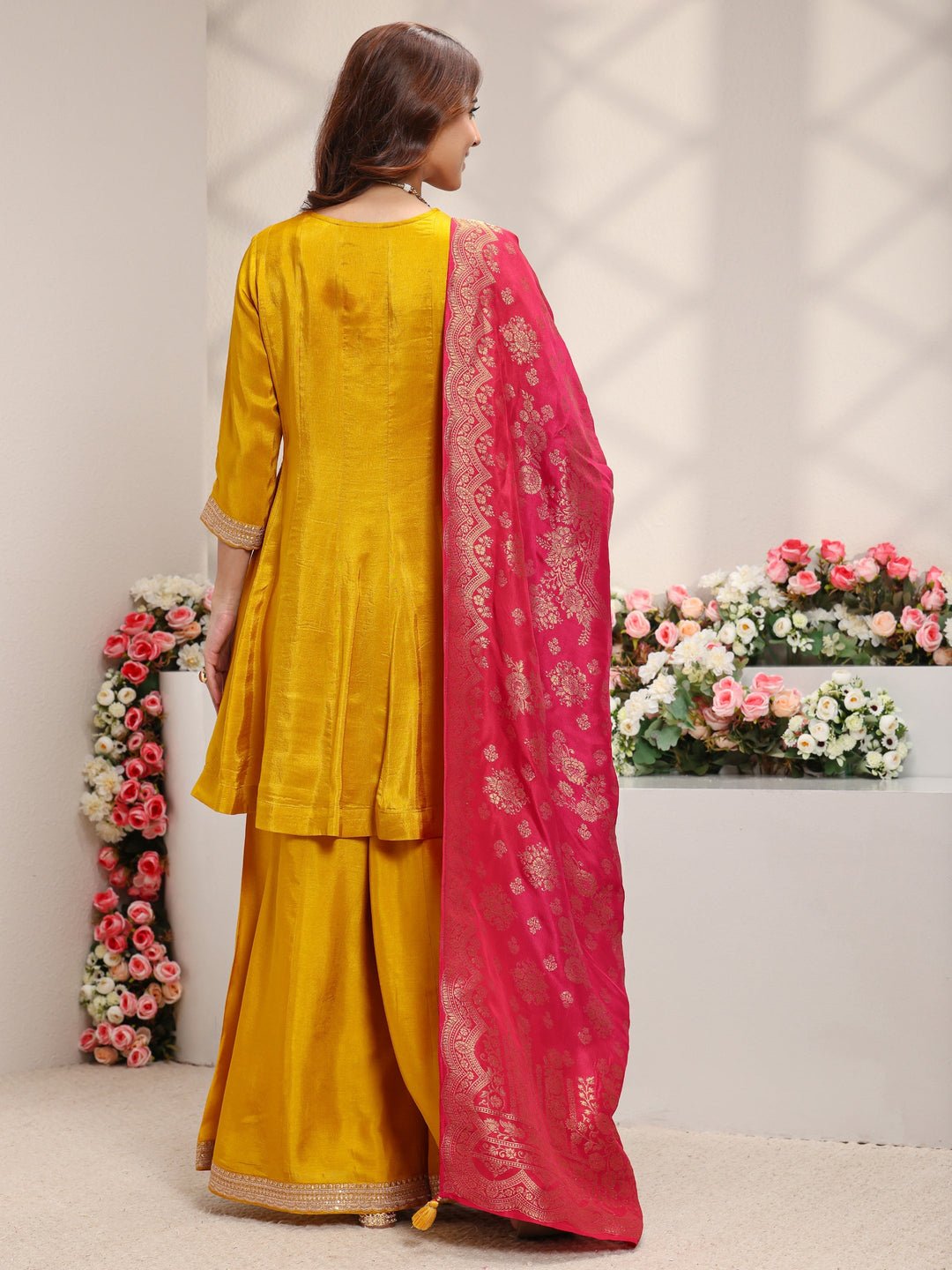  Libas Art Mustard Embroidered Silk Blend A-Line Suit Set With Printed Dupatta 