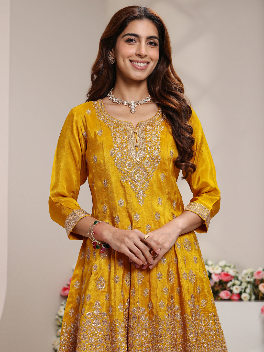  Libas Art Mustard Embroidered Silk Blend A-Line Suit Set With Printed Dupatta 