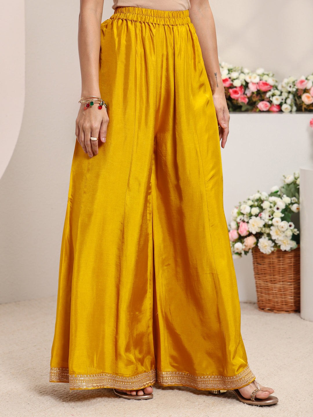  Libas Art Mustard Embroidered Silk Blend A-Line Suit Set With Printed Dupatta 