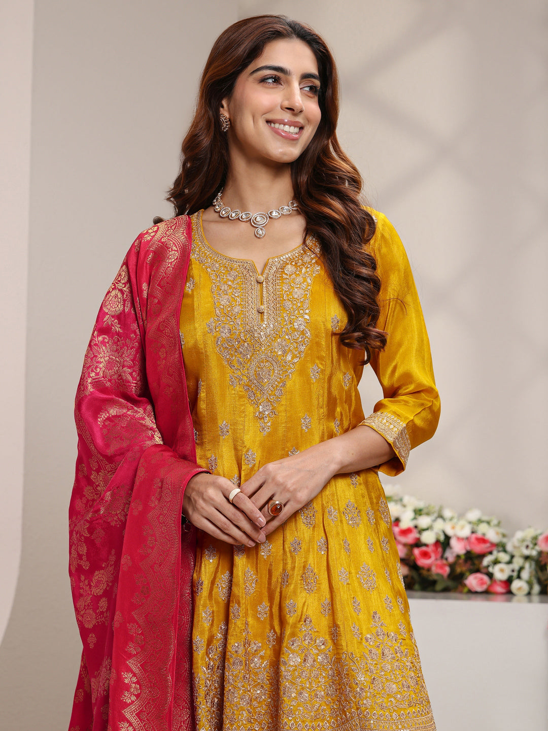  Libas Art Mustard Embroidered Silk Blend A-Line Suit Set With Printed Dupatta 