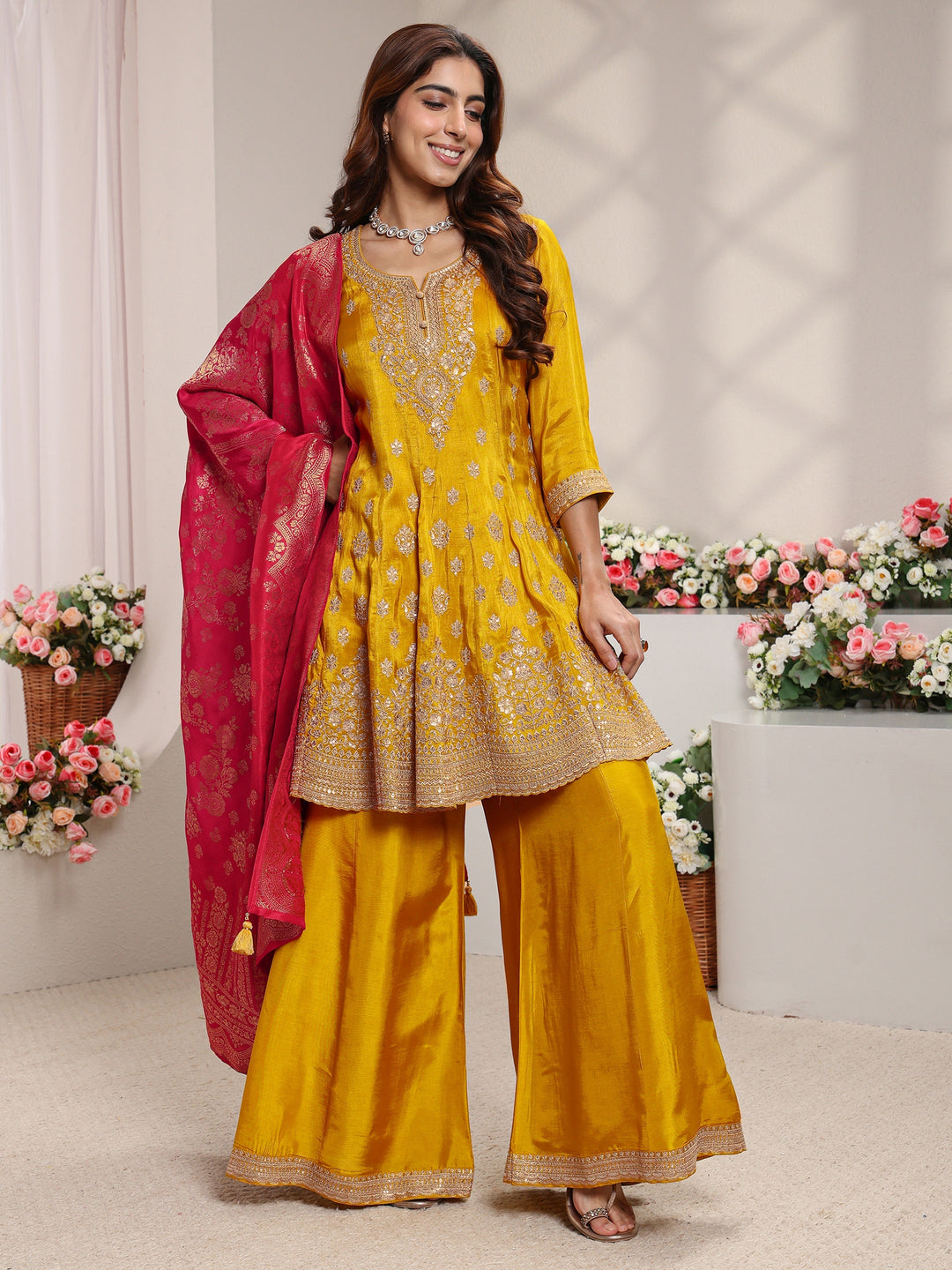  Libas Art Mustard Embroidered Silk Blend A-Line Suit Set With Printed Dupatta 