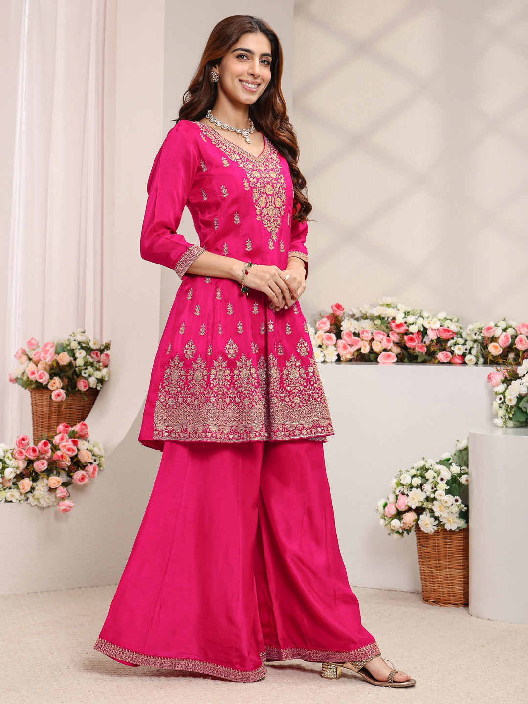  Libas Art Pink Floral Embroidered Silk Blend A-Line Suit Set With Dupatta 