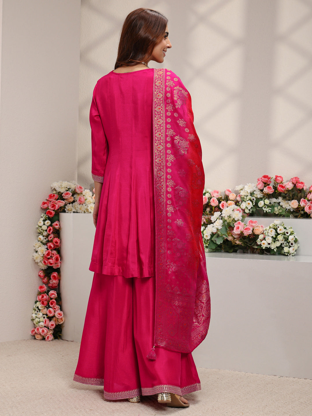  Libas Art Pink Floral Embroidered Silk Blend A-Line Suit Set With Dupatta 