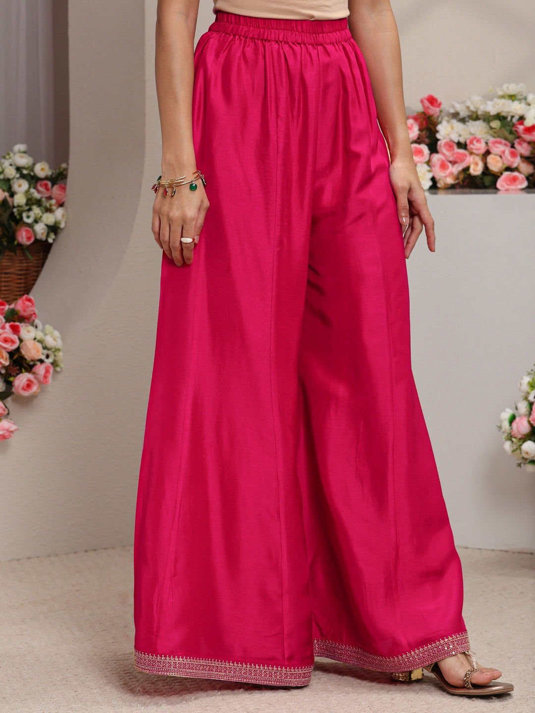  Libas Art Pink Floral Embroidered Silk Blend A-Line Suit Set With Dupatta 