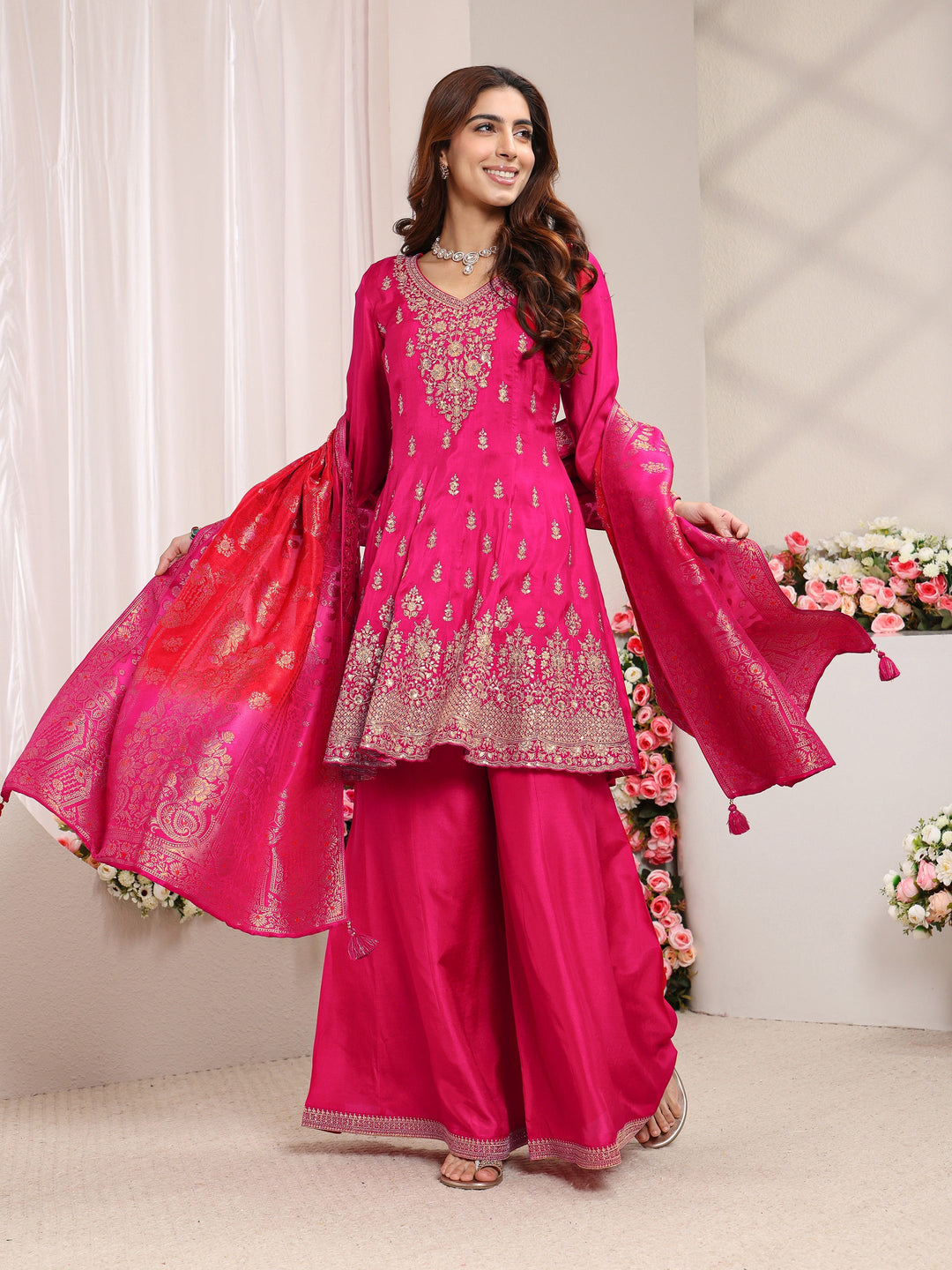  Libas Art Pink Floral Embroidered Silk Blend A-Line Suit Set With Dupatta 