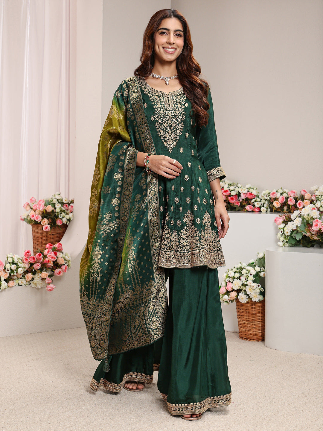 Libas Art Green Floral Embroidered Silk Blend A-Line Suit Set With Dupatta 