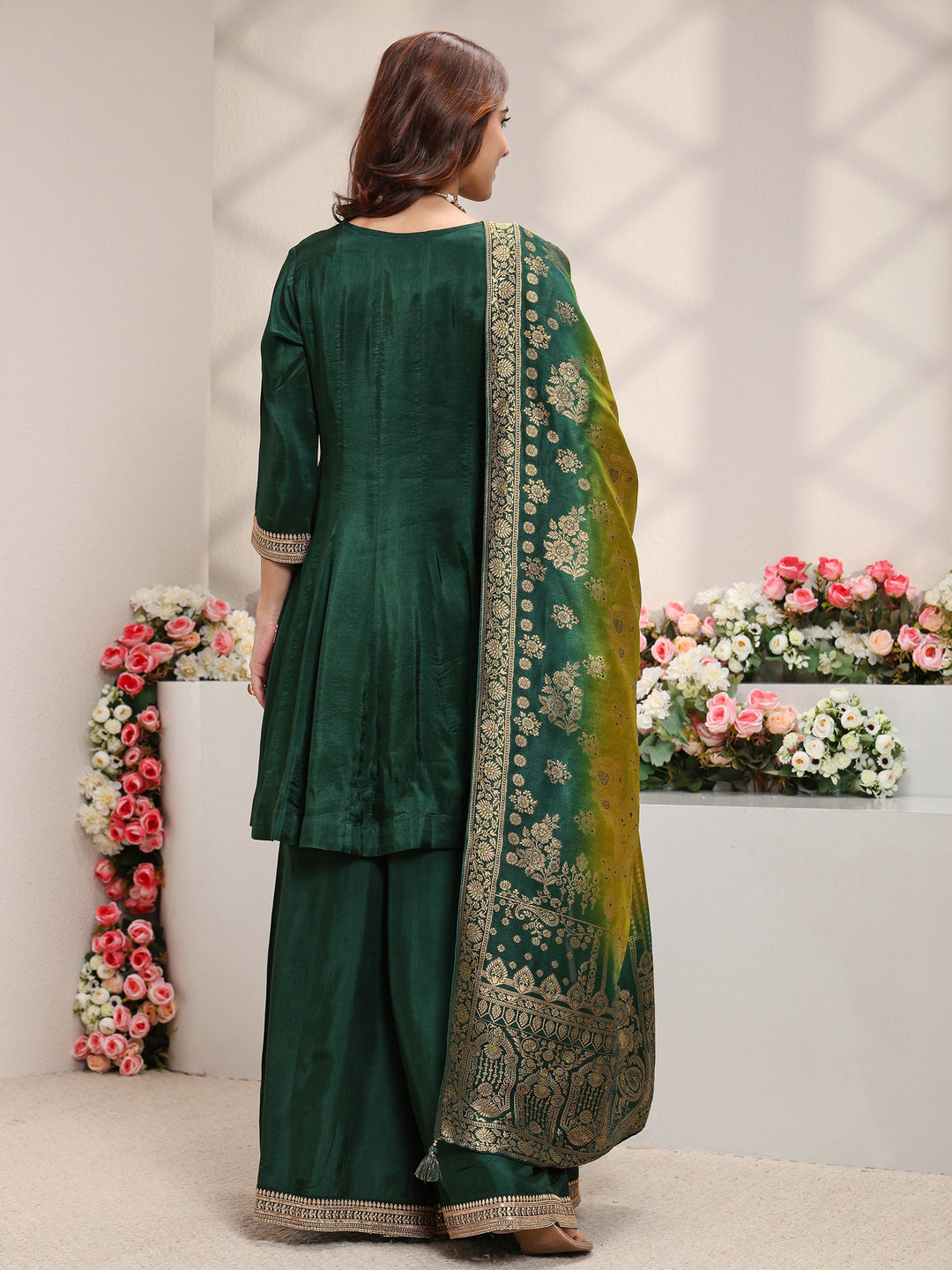  Libas Art Green Floral Embroidered Silk Blend A-Line Suit Set With Dupatta 