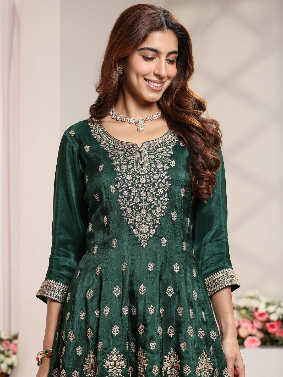  Libas Art Green Floral Embroidered Silk Blend A-Line Suit Set With Dupatta 