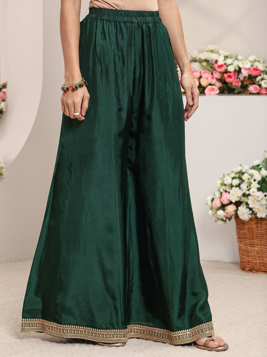  Libas Art Green Floral Embroidered Silk Blend A-Line Suit Set With Dupatta 