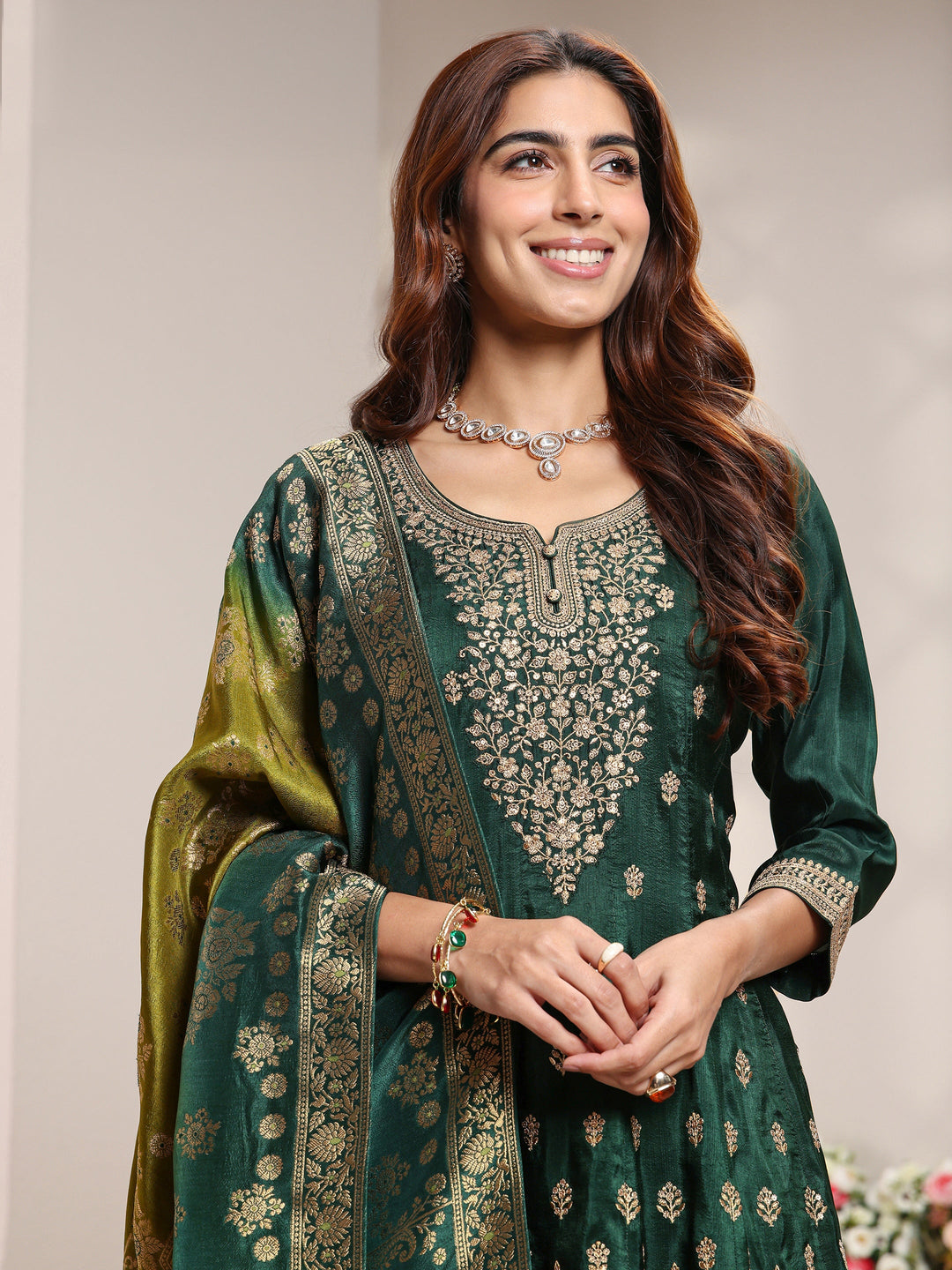  Libas Art Green Floral Embroidered Silk Blend A-Line Suit Set With Dupatta 