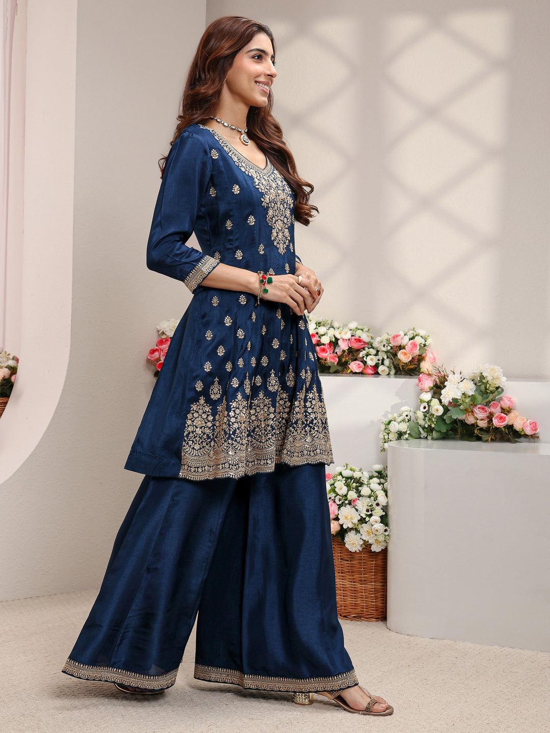  Libas Art Blue Floral Embroidered Silk Blend A-Line Suit Set With Dupatta 