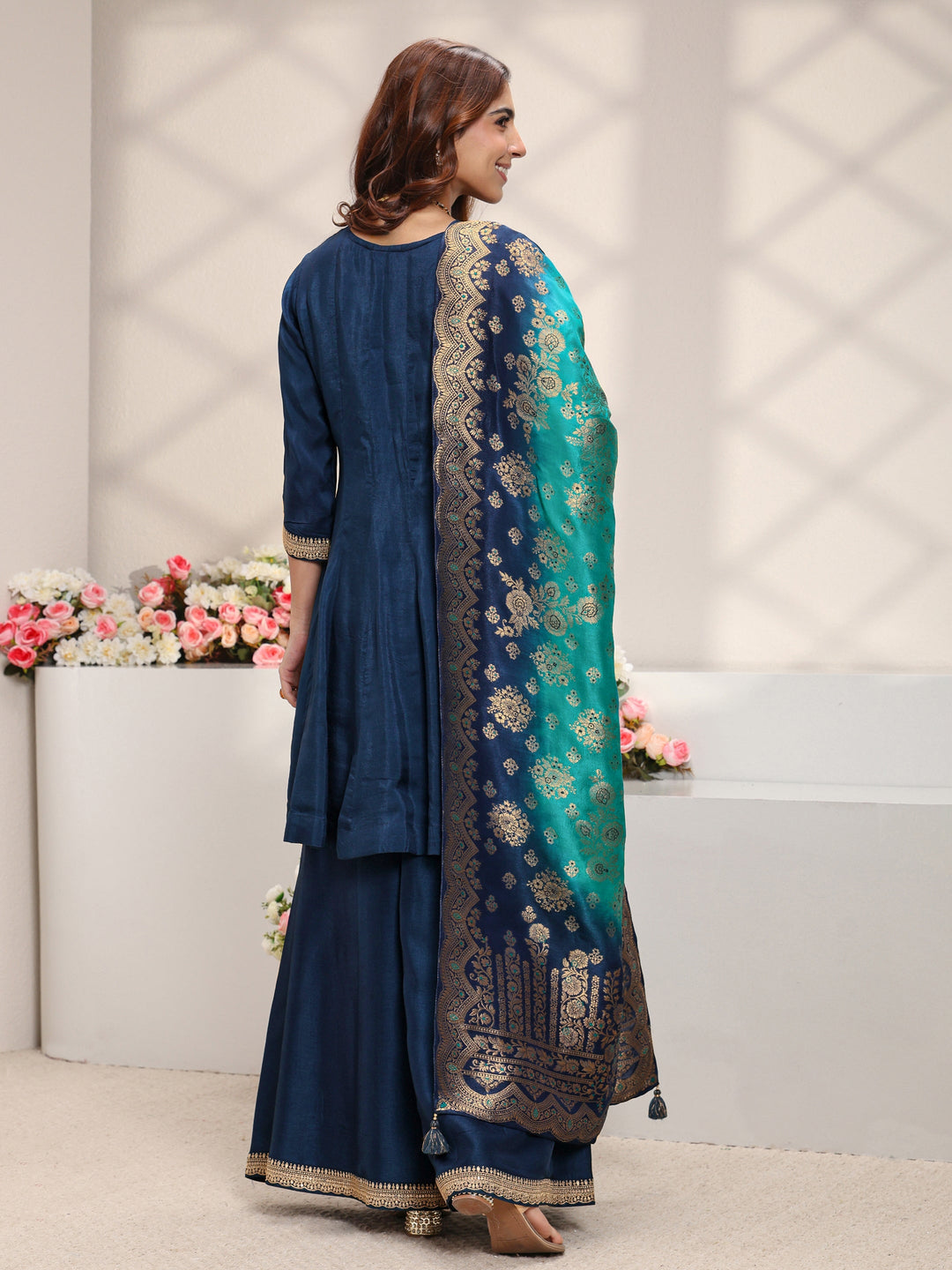  Libas Art Blue Floral Embroidered Silk Blend A-Line Suit Set With Dupatta 