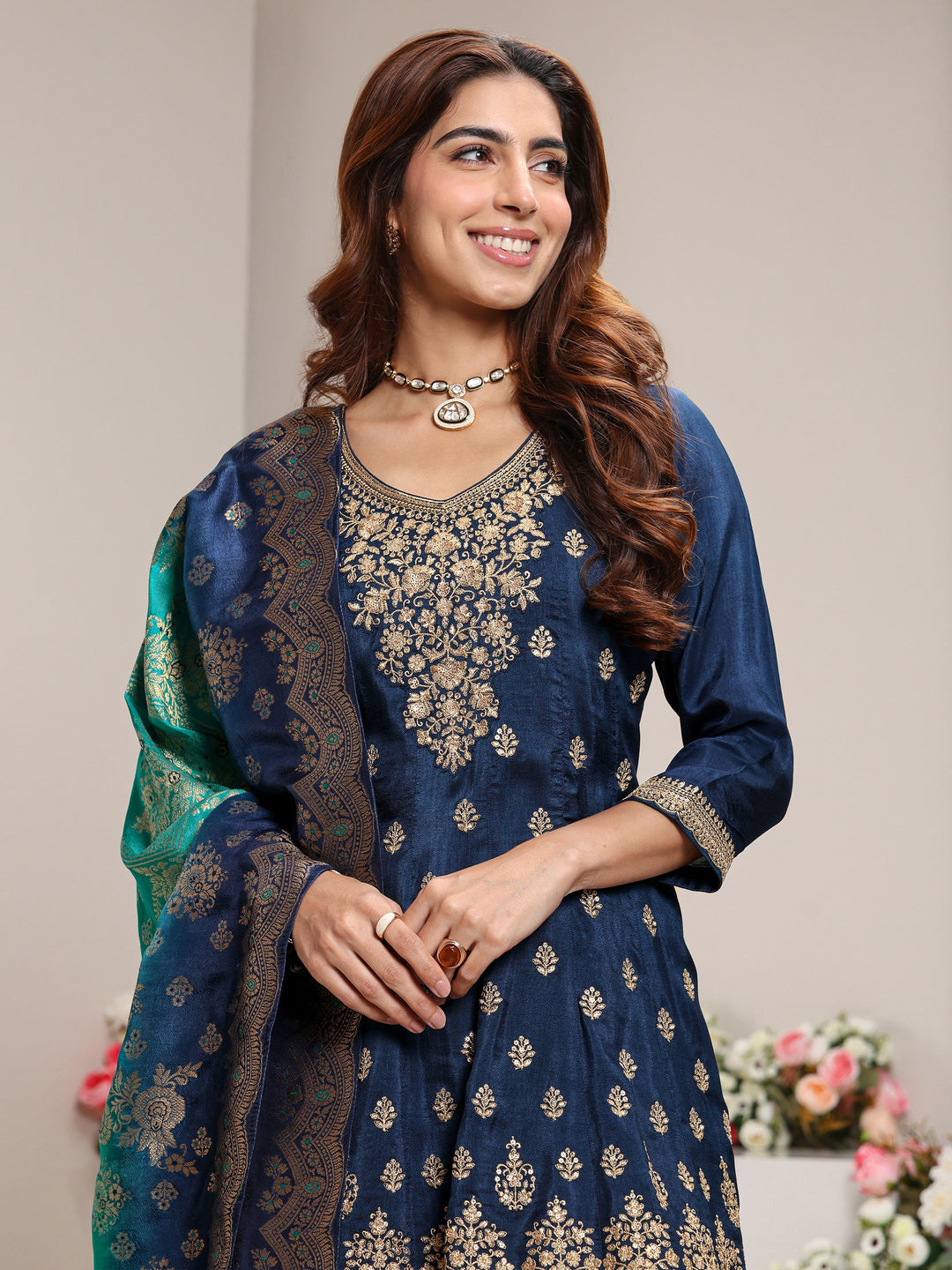  Libas Art Blue Floral Embroidered Silk Blend A-Line Suit Set With Dupatta 