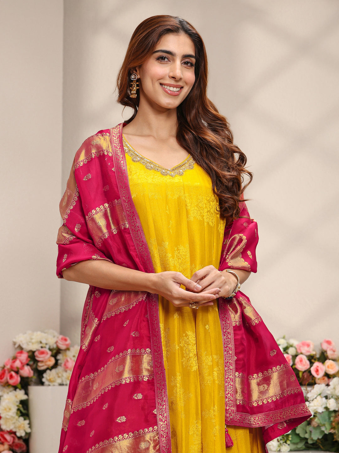  Libas Art Mustard Woven Design Silk Blend A-Line Suit Set With Contrast Dupatta 