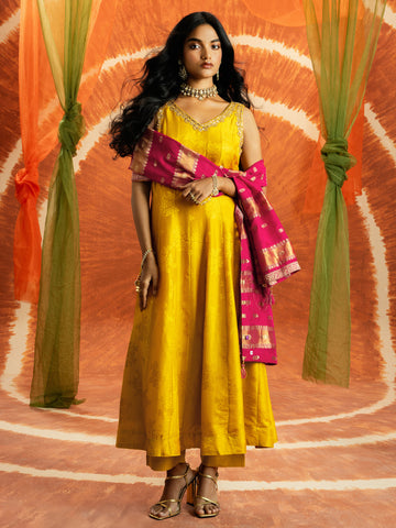 Libas Art Mustard Woven Design Silk Blend A-Line Suit Set With Contrast Dupatta