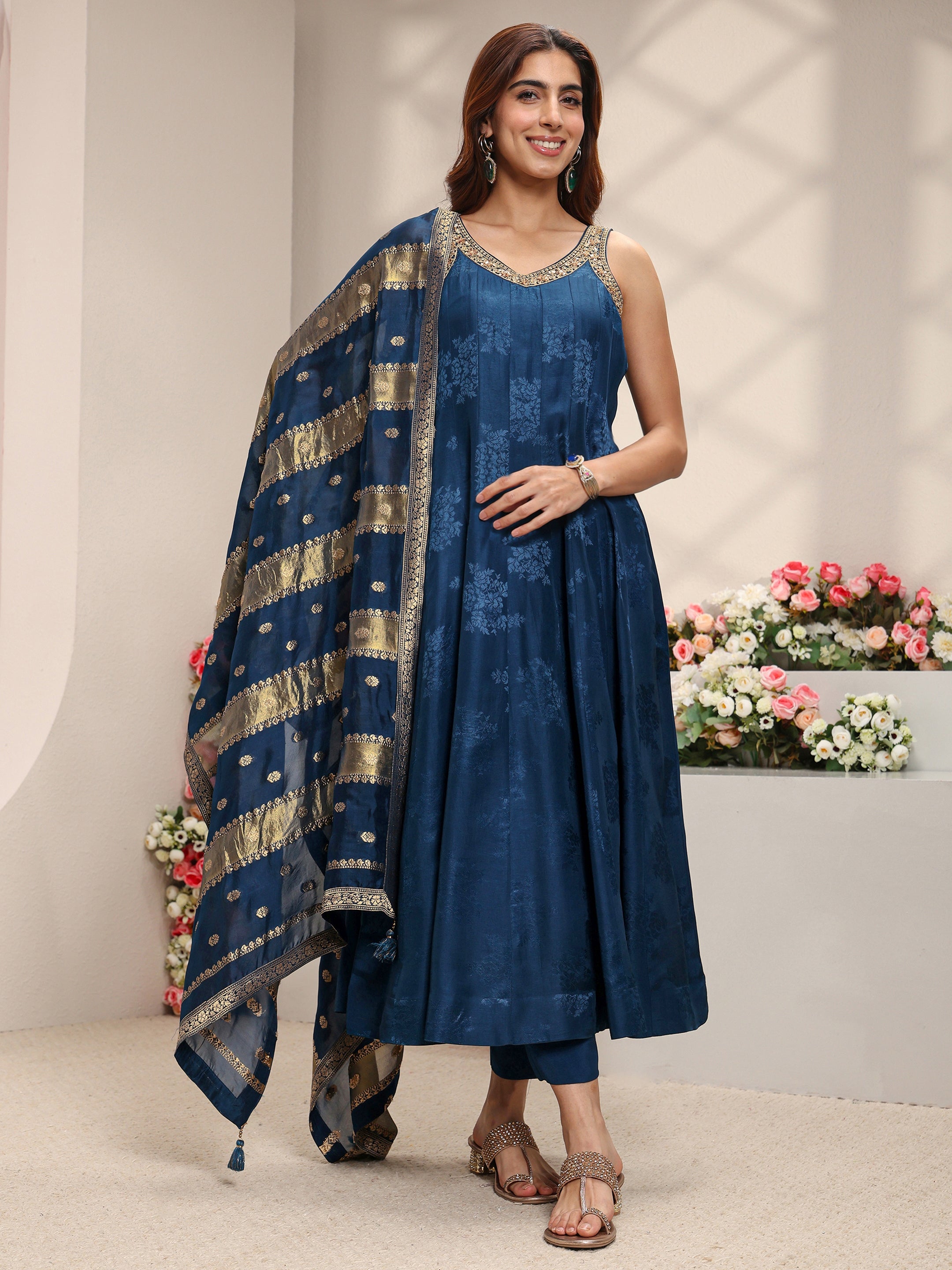 Libas Art Navy Blue Woven Design Silk Blend A-Line Suit Set With Dupatta-image-40