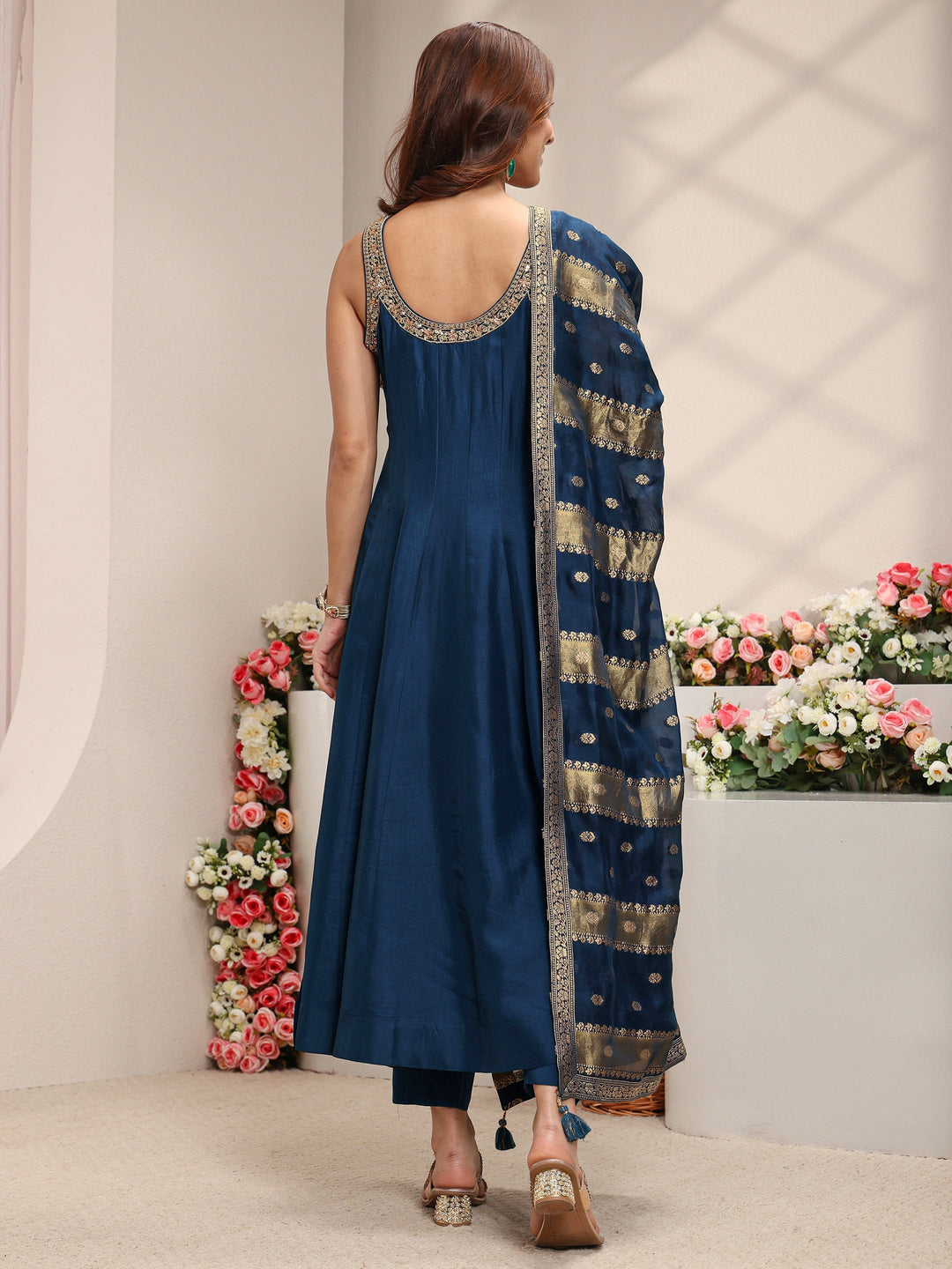  Libas Art Navy Blue Woven Design Silk Blend A-Line Suit Set With Dupatta 