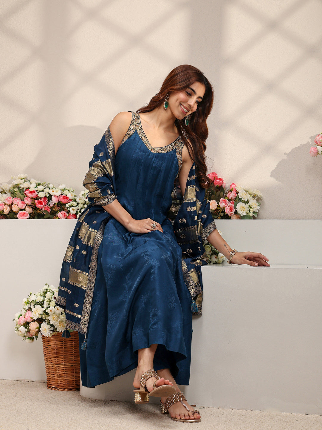  Libas Art Navy Blue Woven Design Silk Blend A-Line Suit Set With Dupatta 