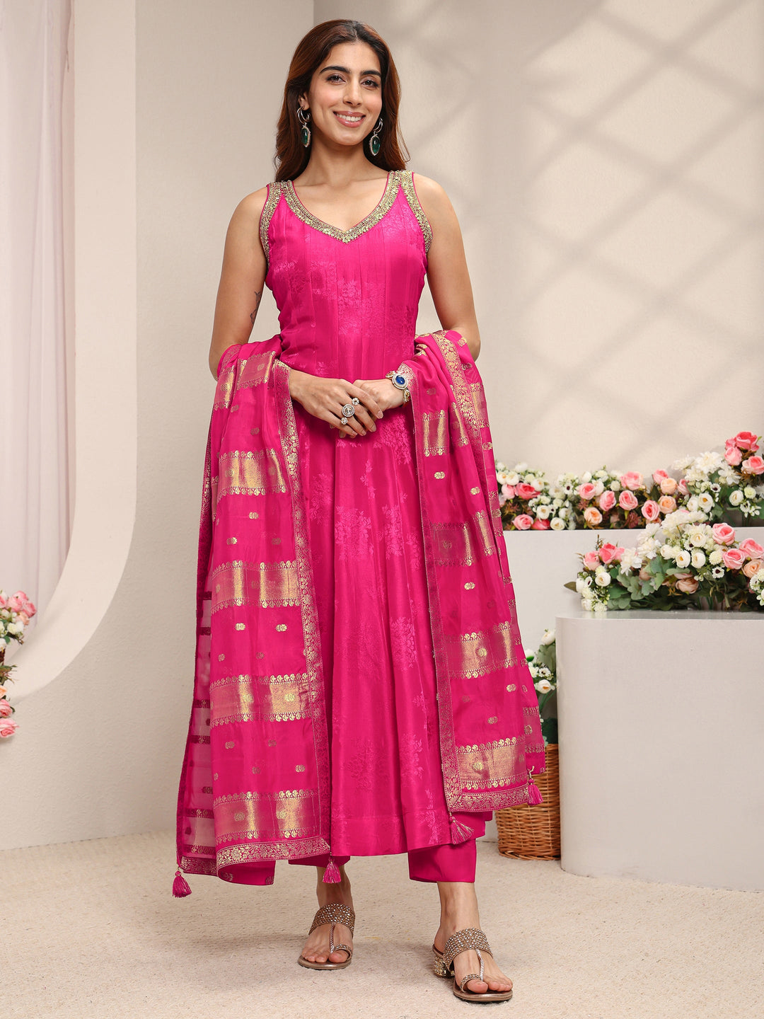  Libas Art Pink Woven Design Silk Blend A-Line Suit Set With Dupatta 