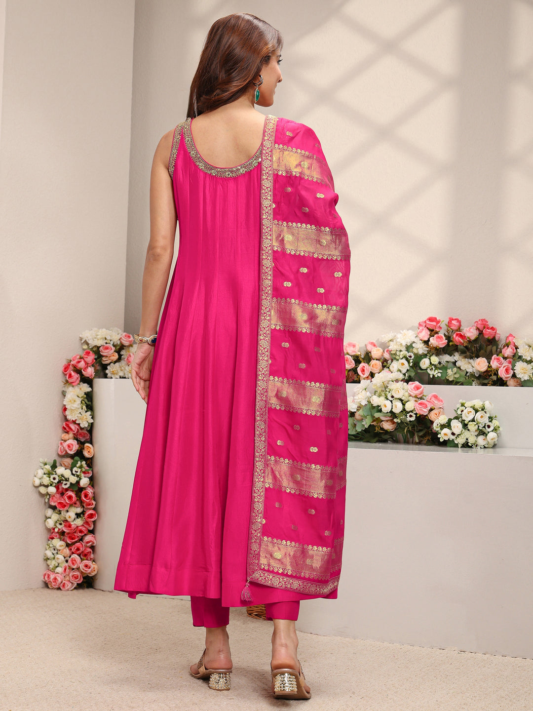  Libas Art Pink Woven Design Silk Blend A-Line Suit Set With Dupatta 