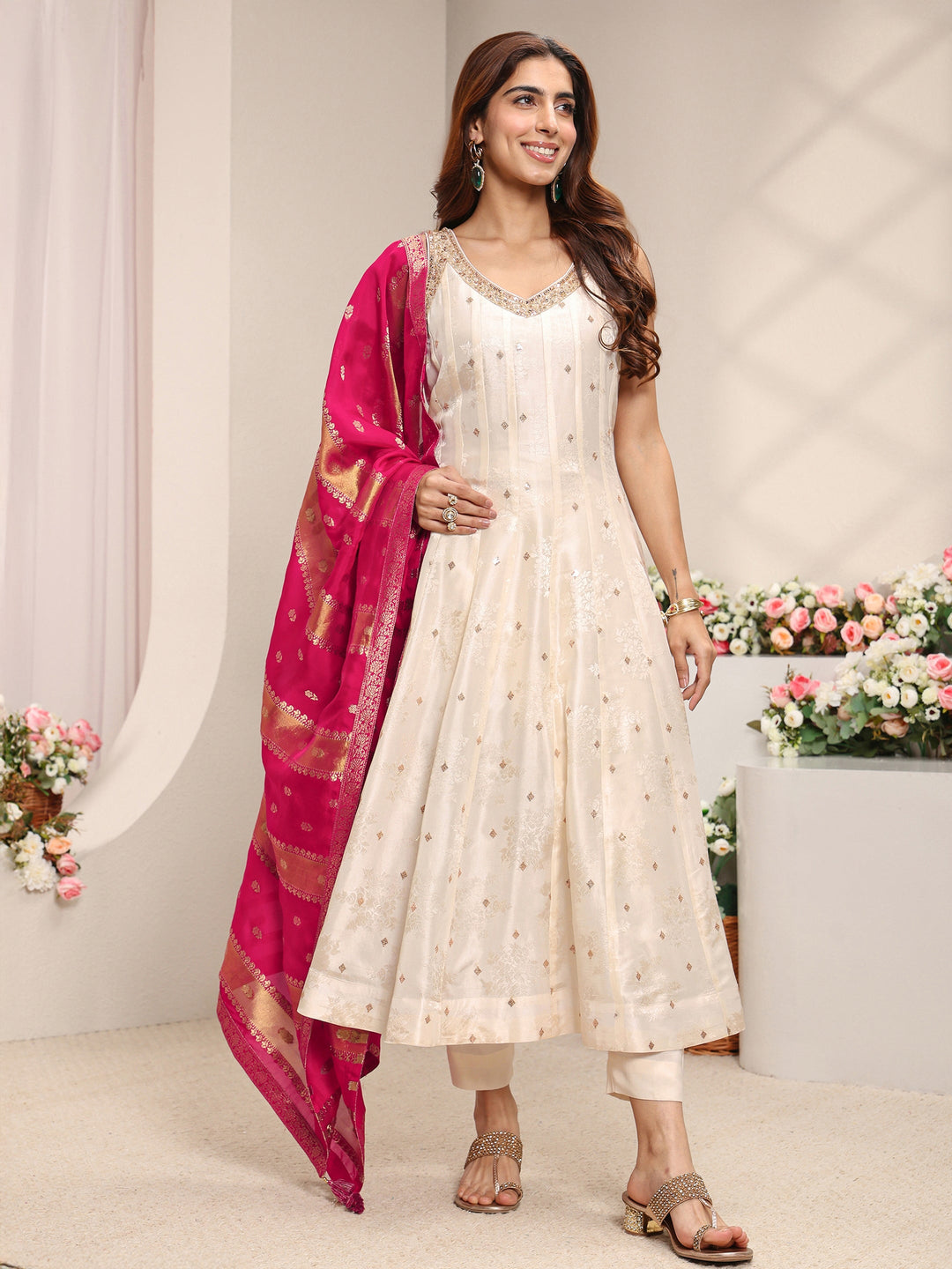  Libas Art Ivory Woven Design Silk Blend A-Line Suit Set With Contrast Dupatta 