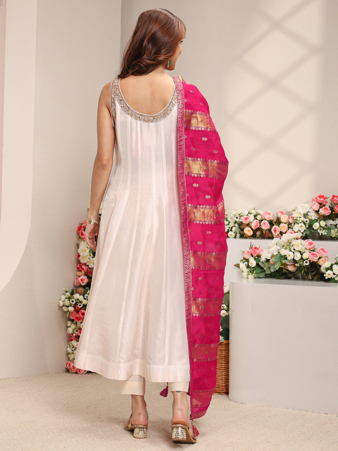  Libas Art Ivory Woven Design Silk Blend A-Line Suit Set With Contrast Dupatta 