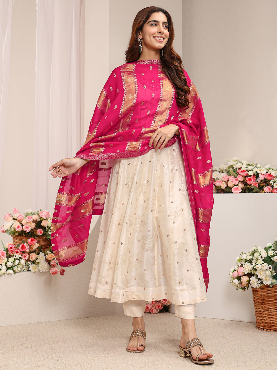 Libas Art Ivory Woven Design Silk Blend A-Line Suit Set With Contrast Dupatta 