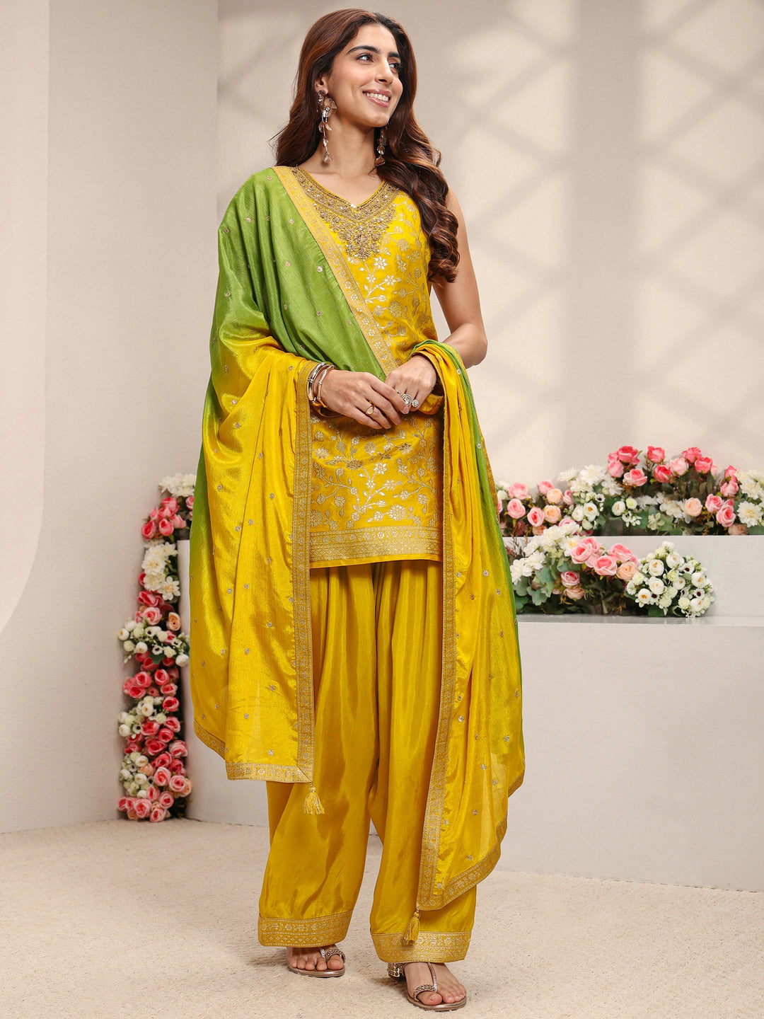  Mustard Floral Woven Design Silk Blend Straight Suit Set With Dupatta 