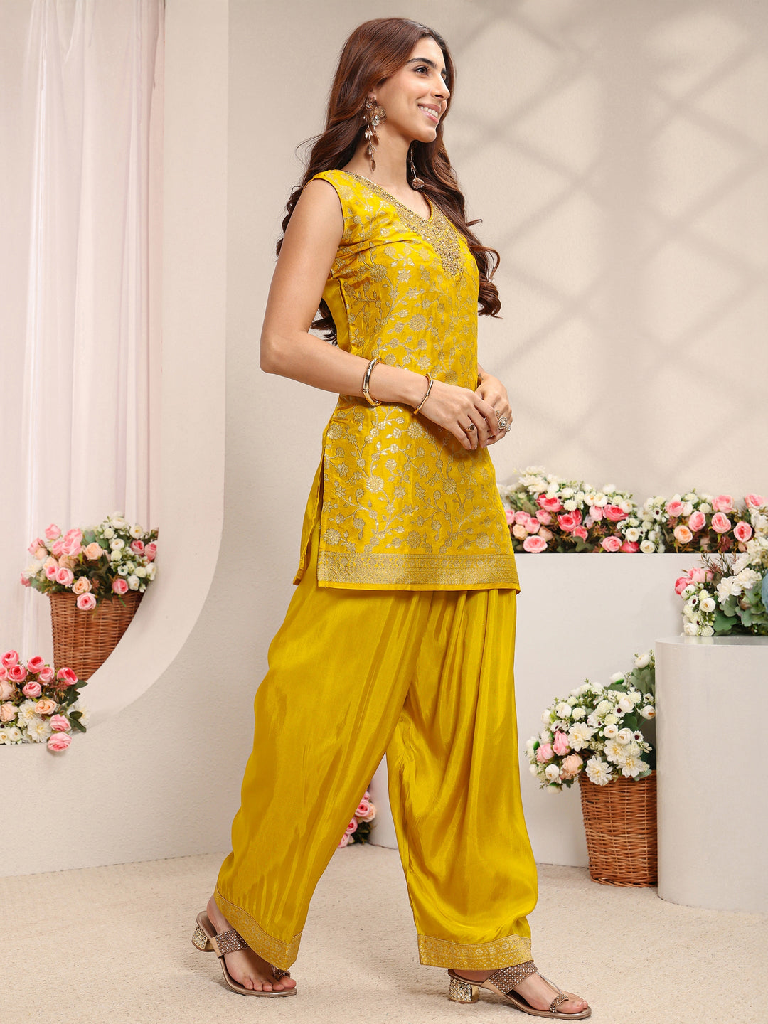  Mustard Floral Woven Design Silk Blend Straight Suit Set With Dupatta 
