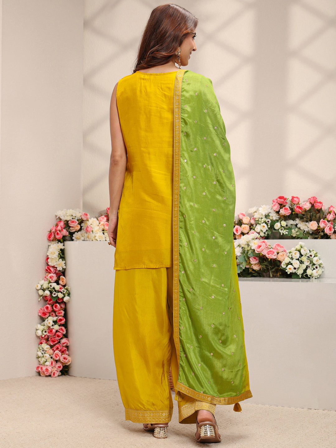  Mustard Floral Woven Design Silk Blend Straight Suit Set With Dupatta 