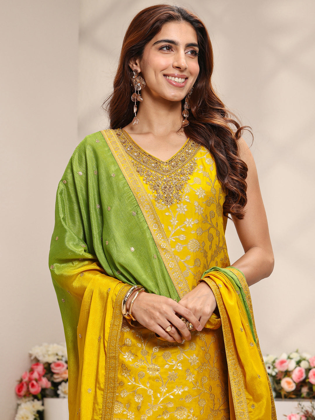  Mustard Floral Woven Design Silk Blend Straight Suit Set With Dupatta 