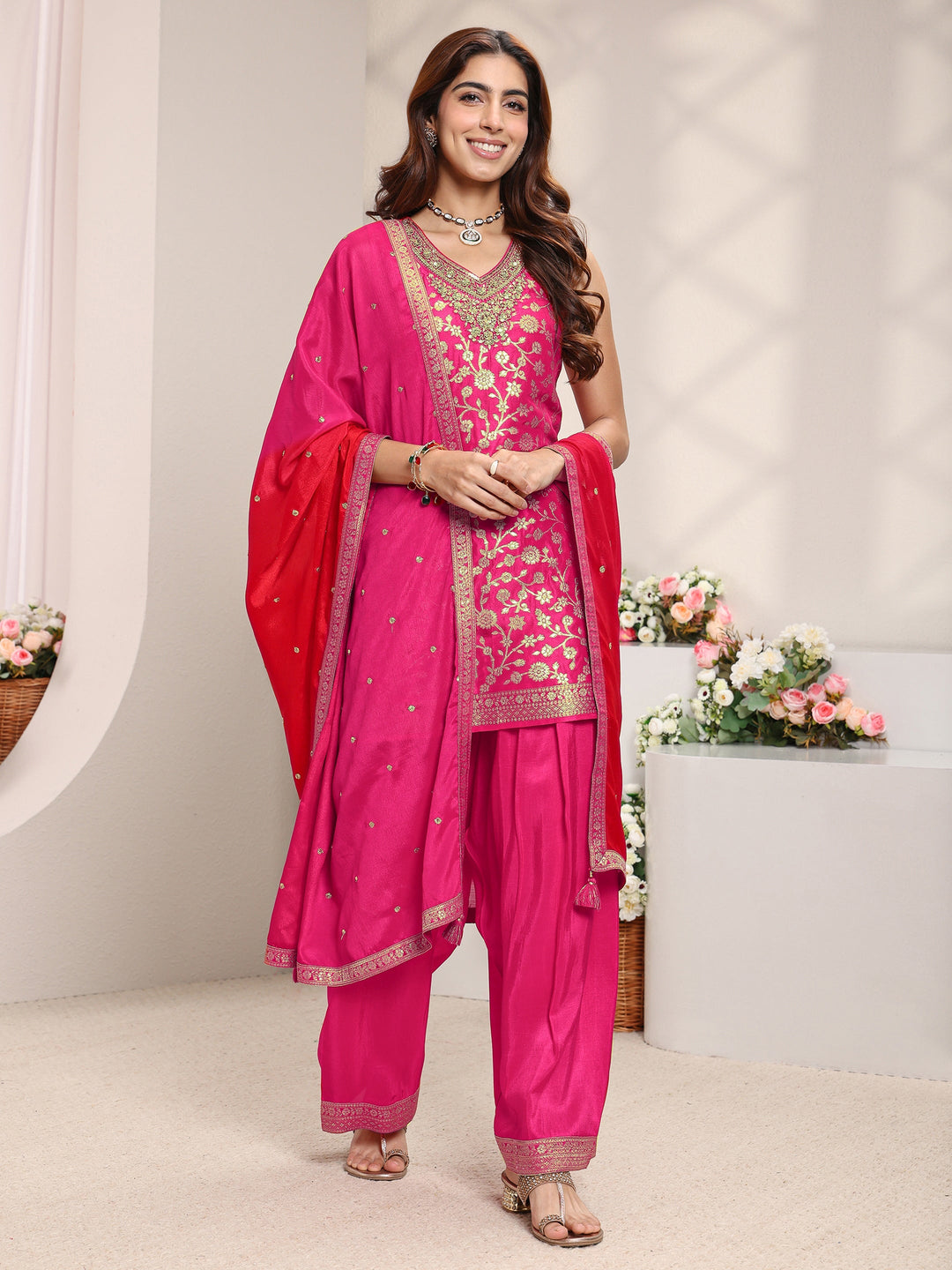  Pink Floral Woven Design Silk Blend Straight Suit Set With Dupatta 