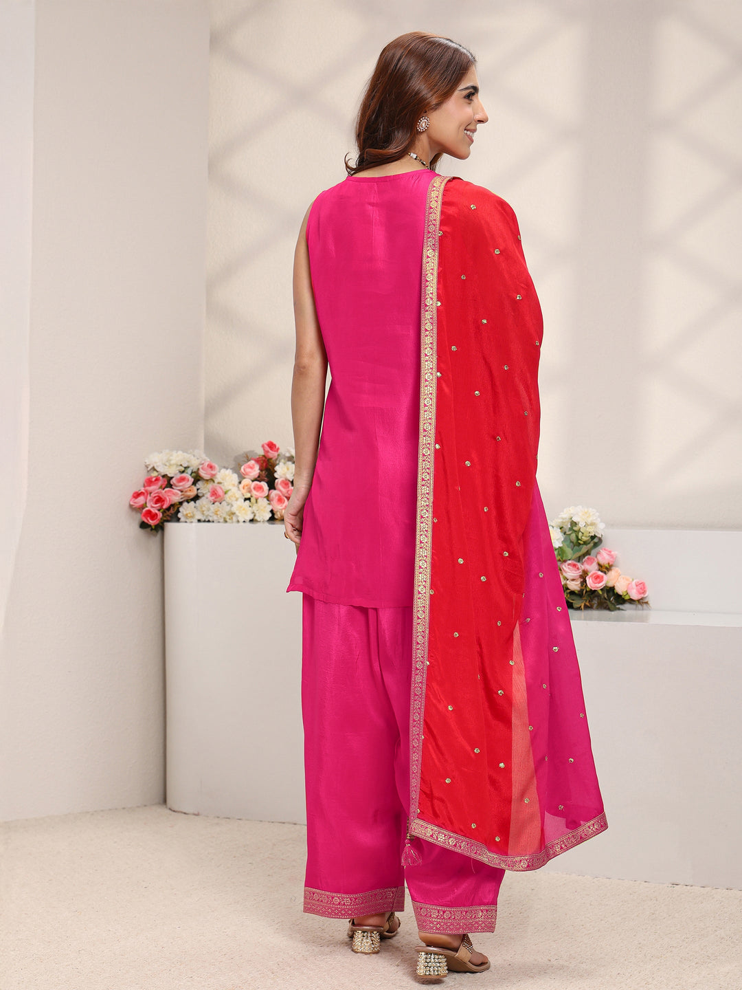  Pink Floral Woven Design Silk Blend Straight Suit Set With Dupatta 