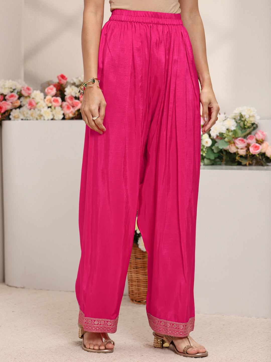  Pink Floral Woven Design Silk Blend Straight Suit Set With Dupatta 