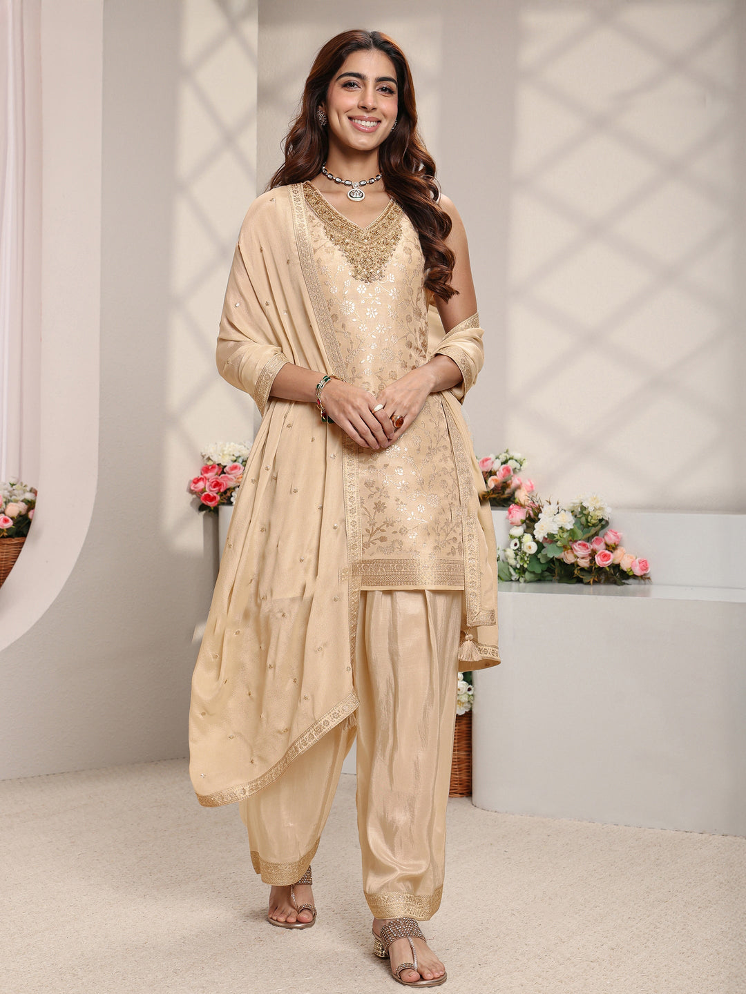  Beige Floral Woven Design Silk Blend Straight Suit Set With Dupatta 