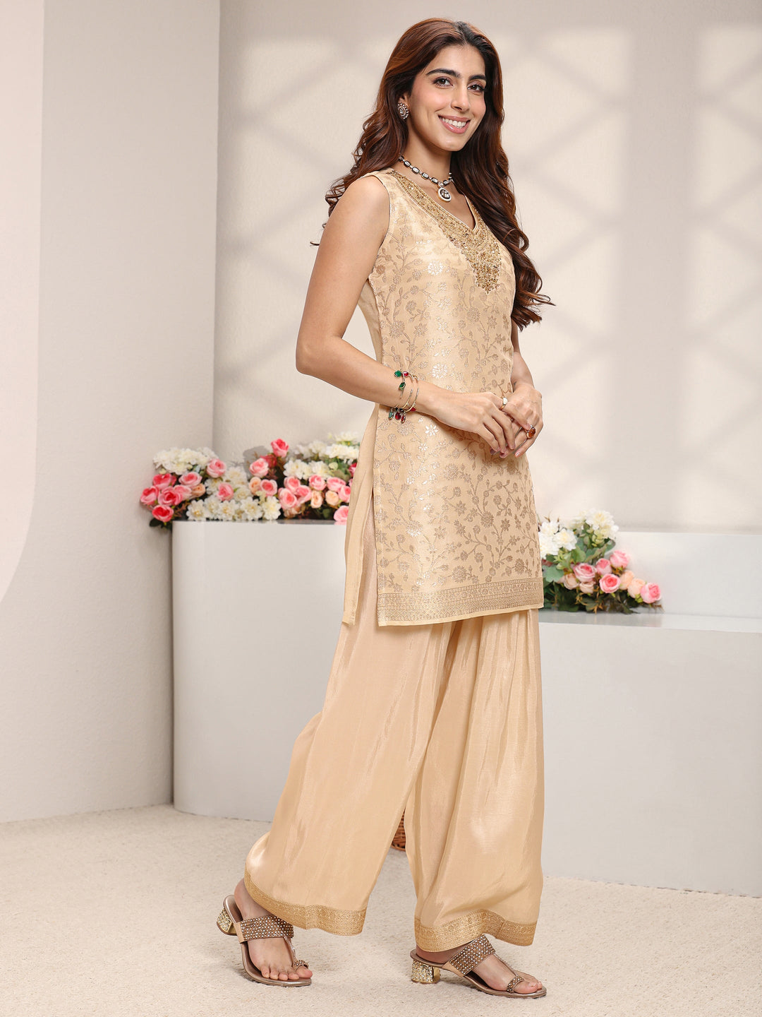  Beige Floral Woven Design Silk Blend Straight Suit Set With Dupatta 