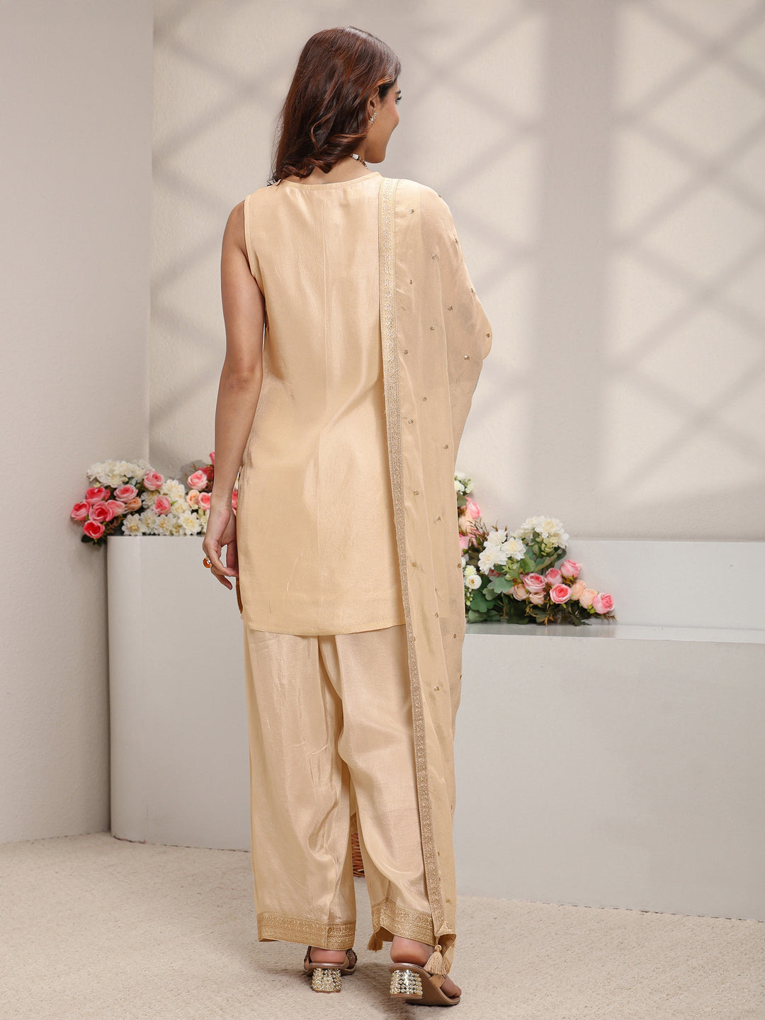  Beige Floral Woven Design Silk Blend Straight Suit Set With Dupatta 