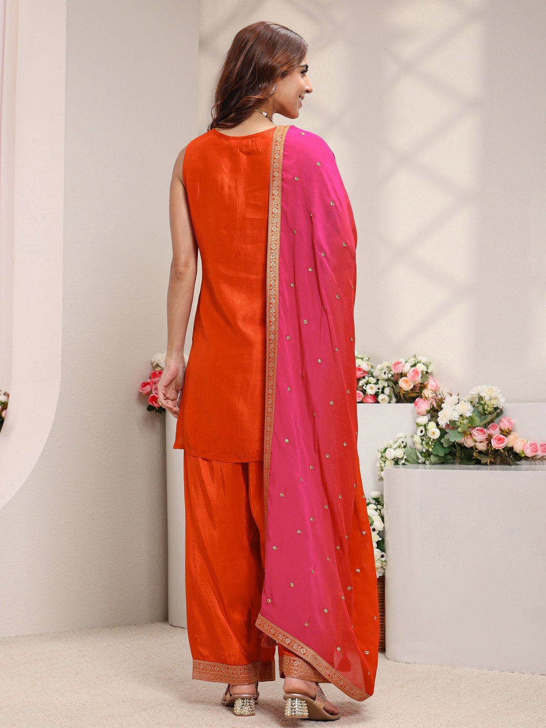  Orange Floral Woven Design Silk Blend Straight Suit Set With Dupatta 