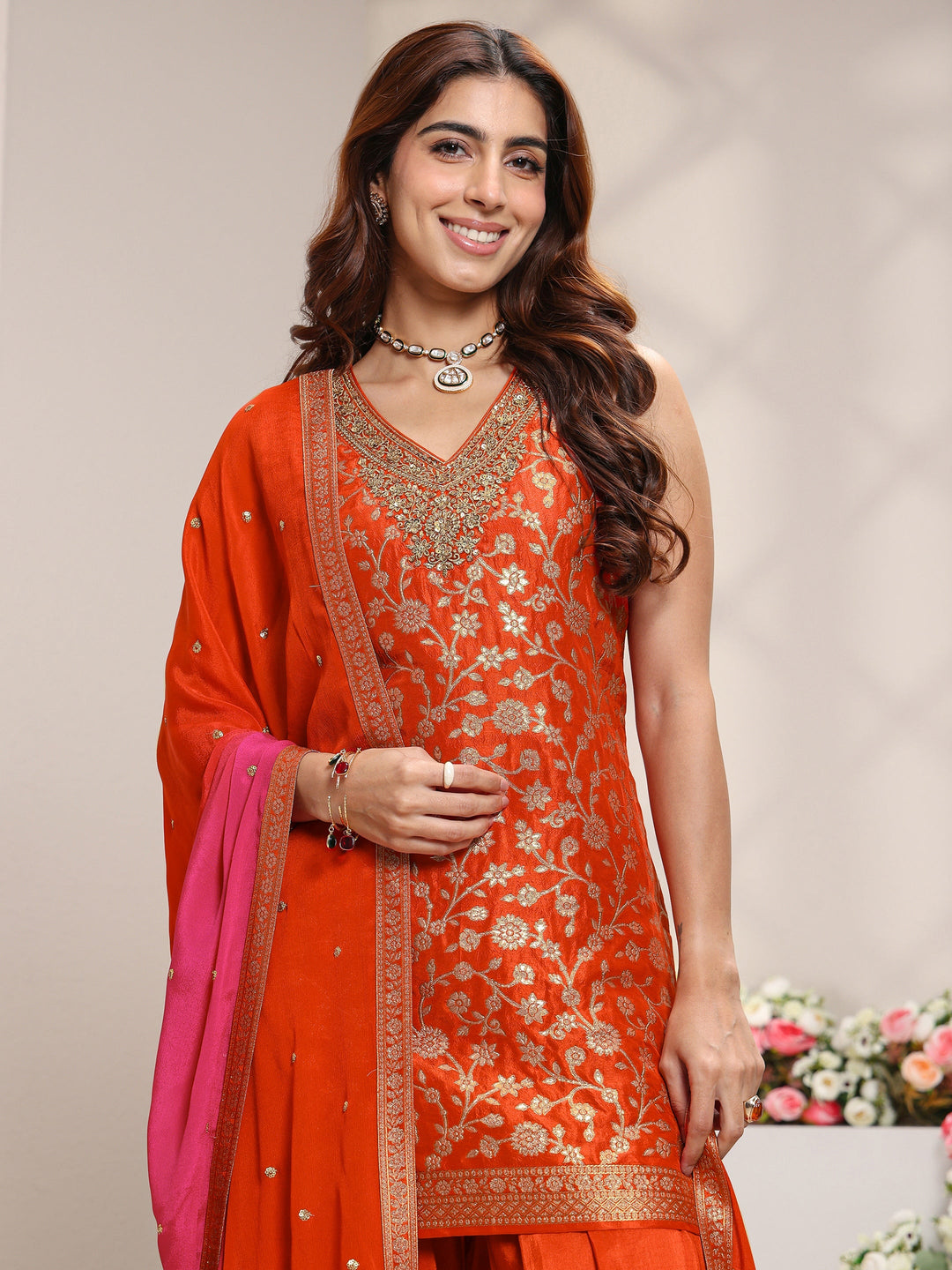  Orange Floral Woven Design Silk Blend Straight Suit Set With Dupatta 