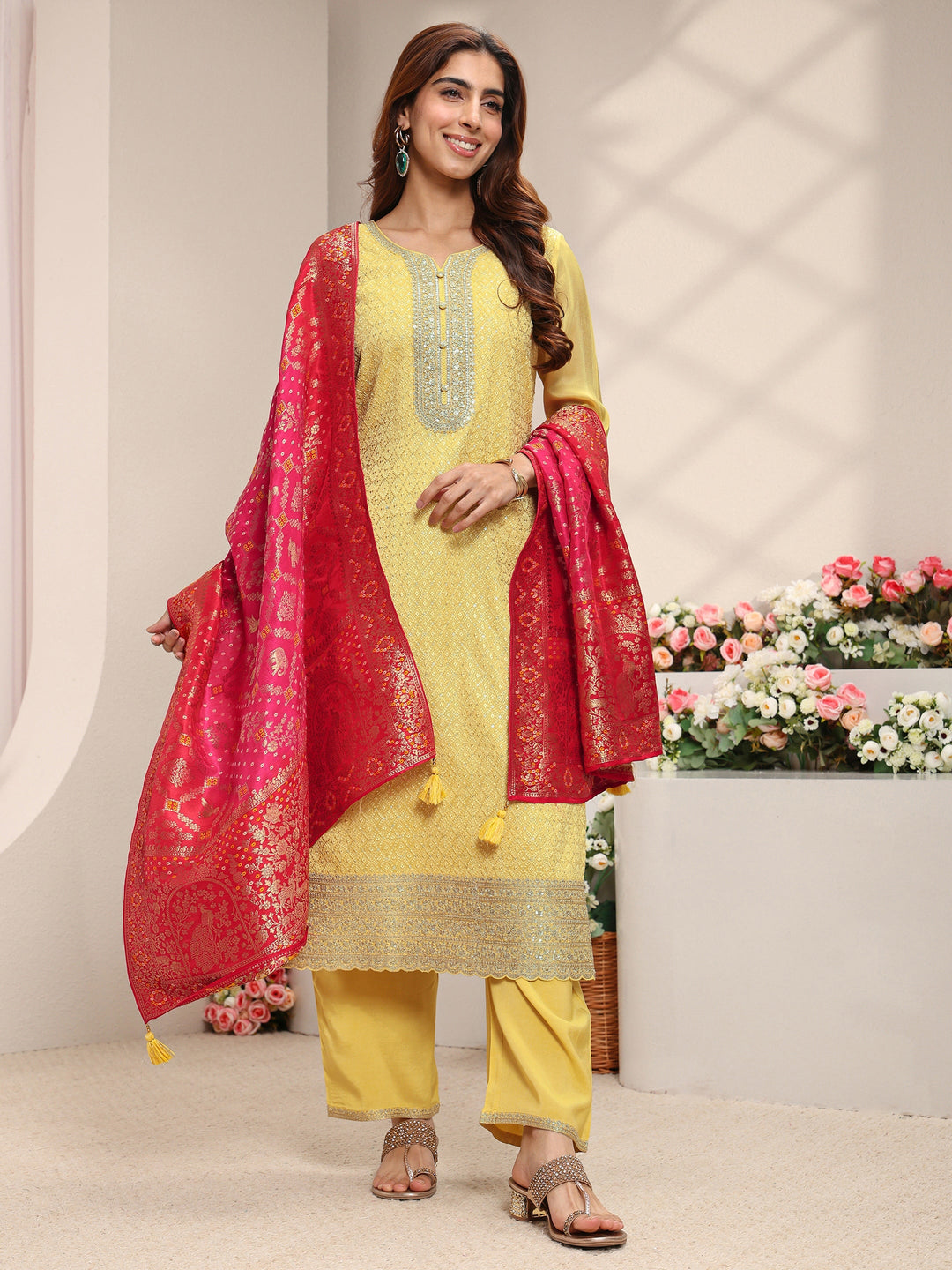 Yellow Embellished Silk Blend Straight Suit Set With Dupatta 