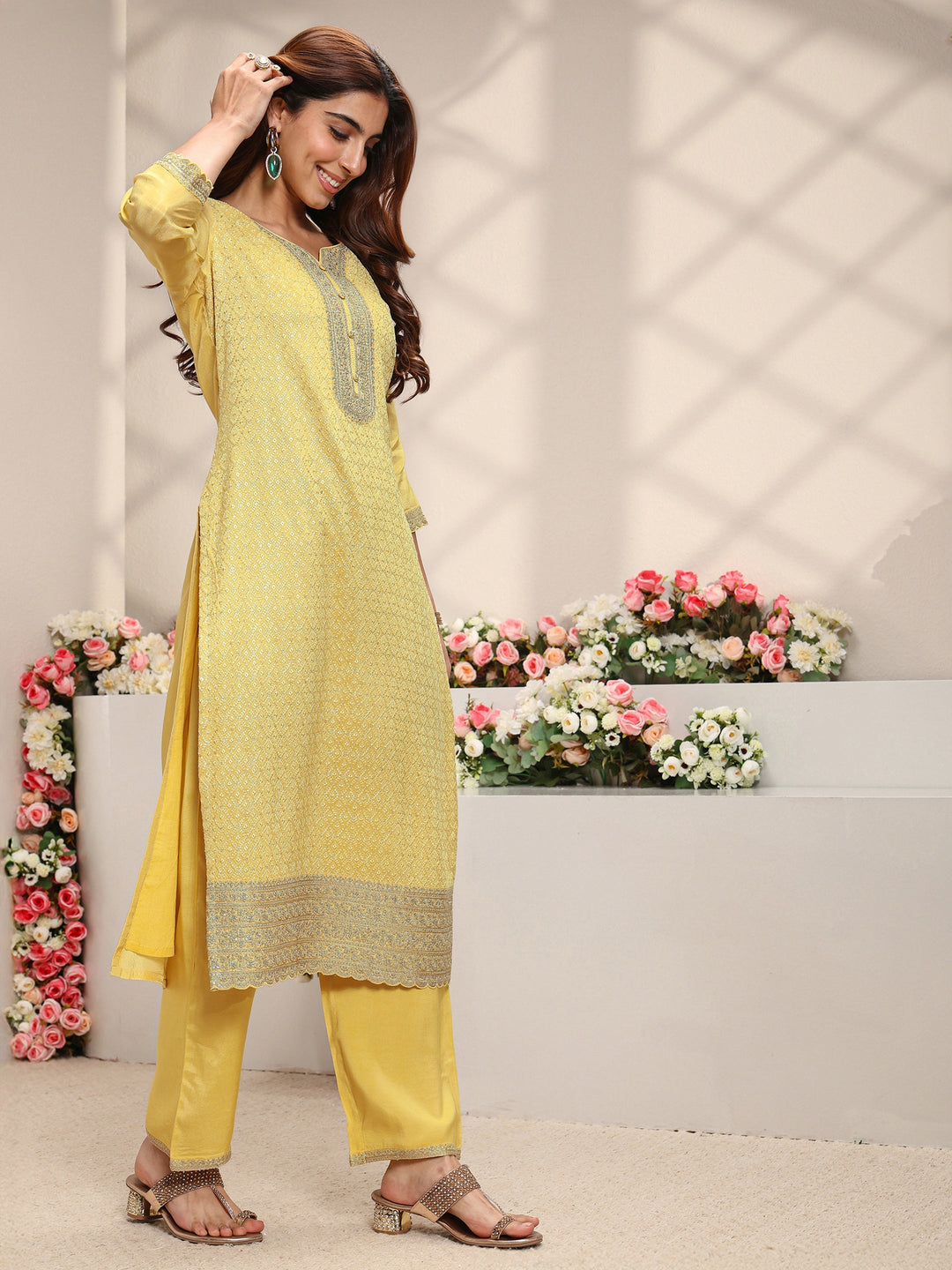  Yellow Embellished Silk Blend Straight Suit Set With Dupatta 