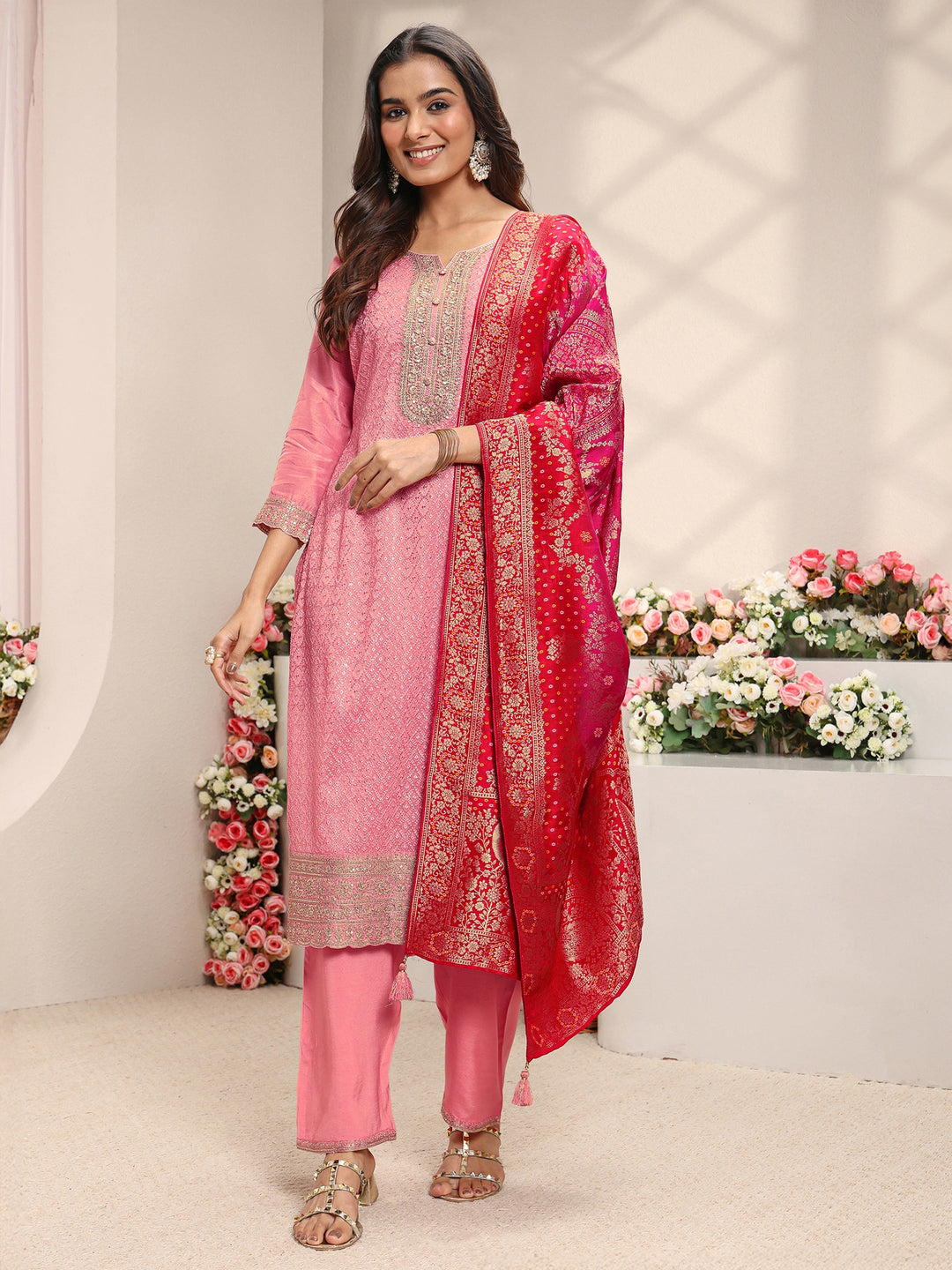  Pink Embellished Silk Blend Straight Suit Set With Dupatta 