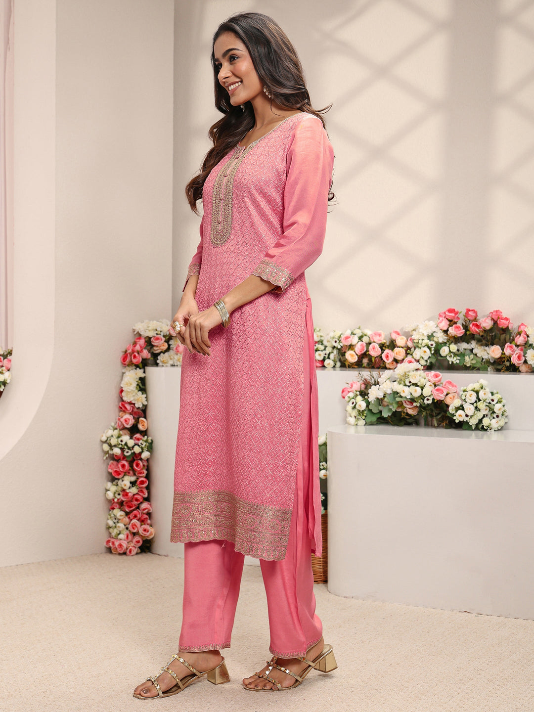  Pink Embellished Silk Blend Straight Suit Set With Dupatta 