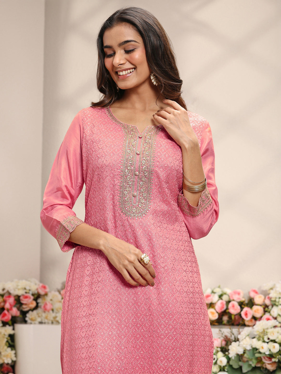  Pink Embellished Silk Blend Straight Suit Set With Dupatta 