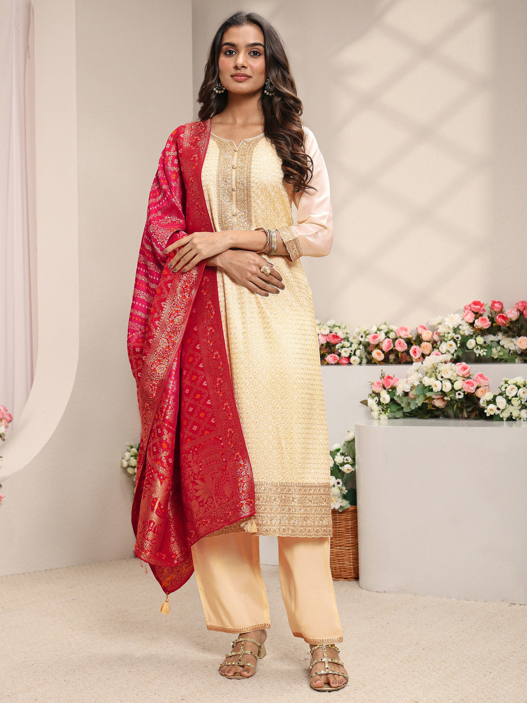  Ivory Embellished Silk Blend Straight Suit Set With Dupatta 