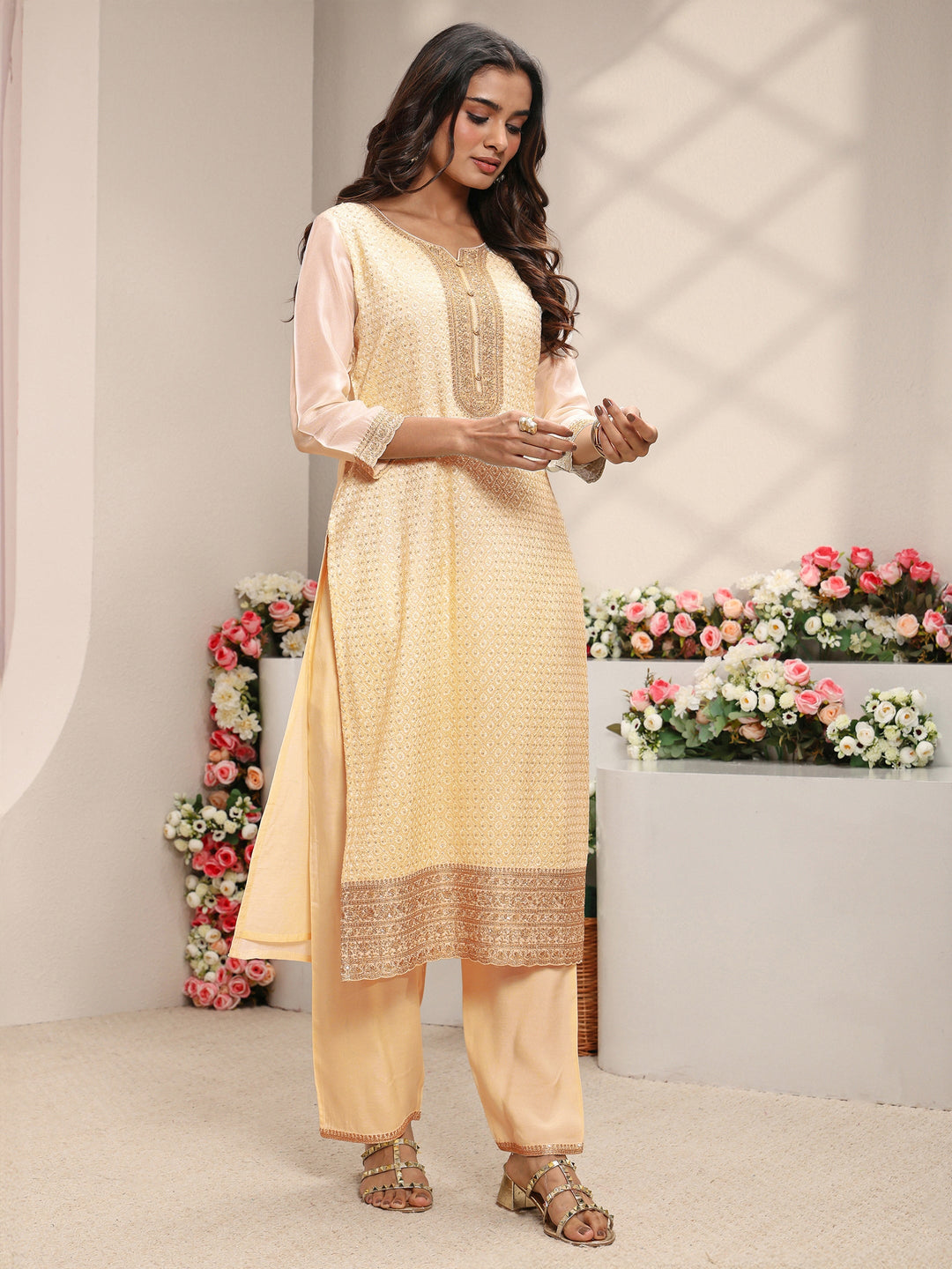  Ivory Embellished Silk Blend Straight Suit Set With Dupatta 