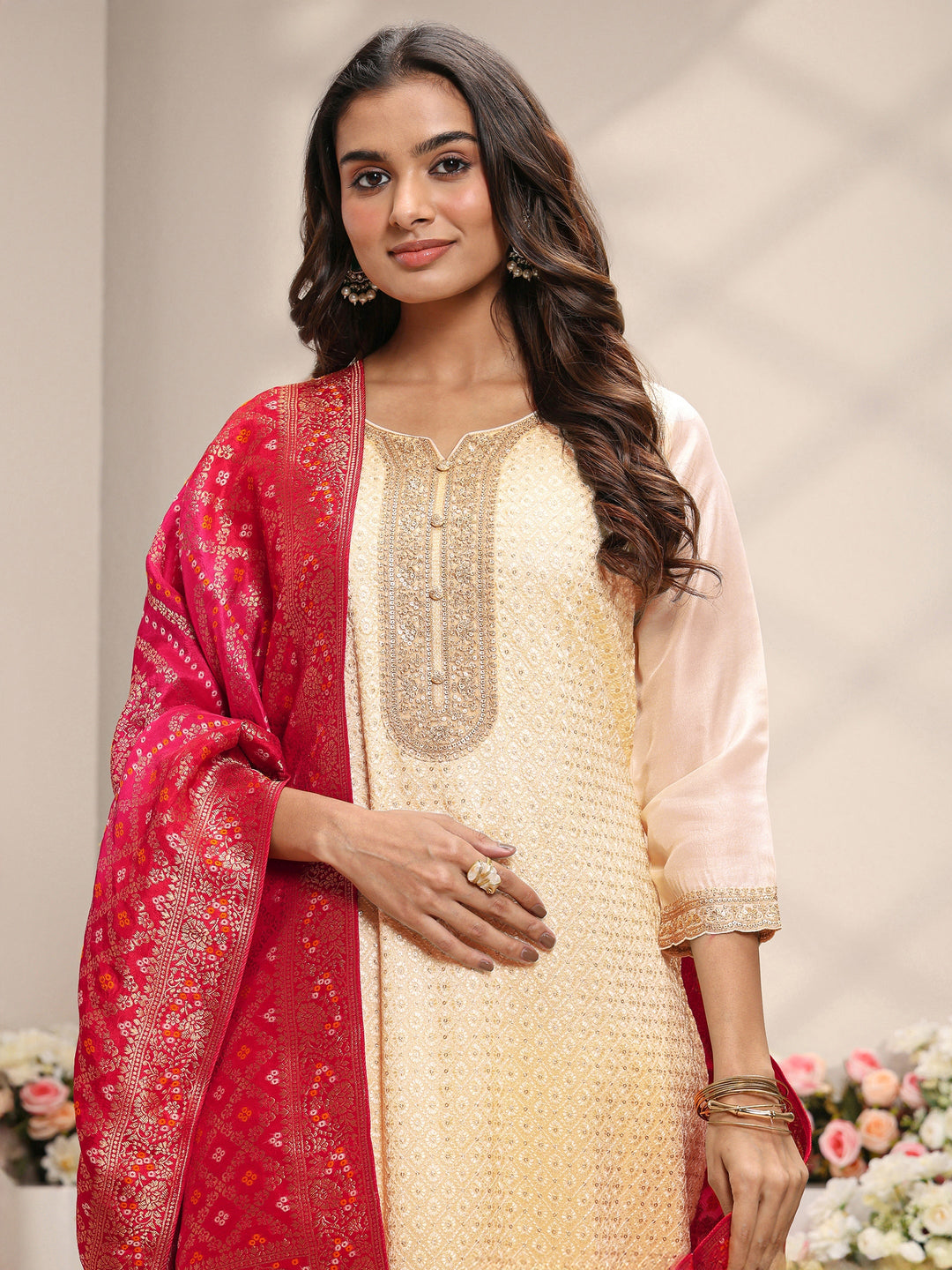  Ivory Embellished Silk Blend Straight Suit Set With Dupatta 